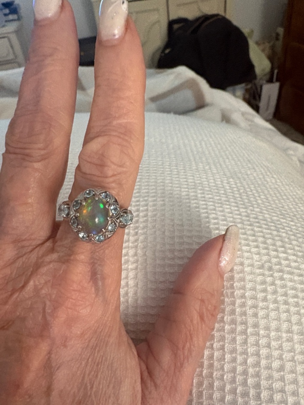Sterling Ethiopian Opal Halo Ring with Blue Accent Stones sz 6 - Picture 4 of 4